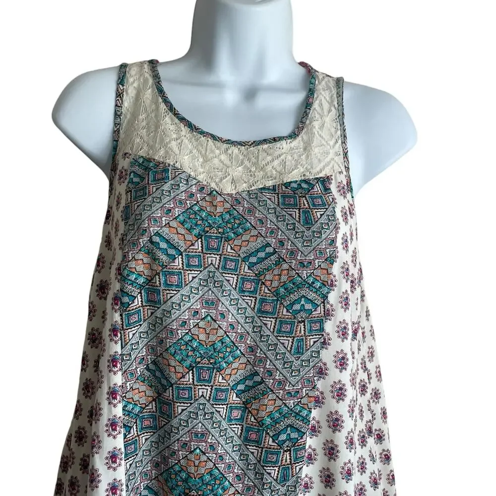 Hem & Thread Women Top S Multicolor‎ Crochet Inlet Mixed Boho Pattern Festival